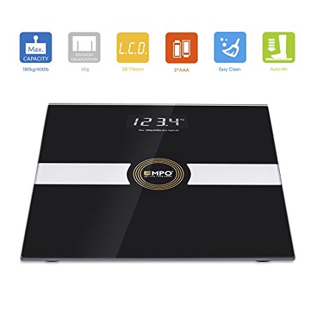 EMPO® Bathroom Scale - High Accuracy Digital Body Weight Scale - LIFETIME WARRANTY - Extra-large, high contrast LightOnDark digital display - Slim and Elegant Design - Measures weight accurately and consistently – Smart StepAndRead Technology - Gift Wrap Available - Black