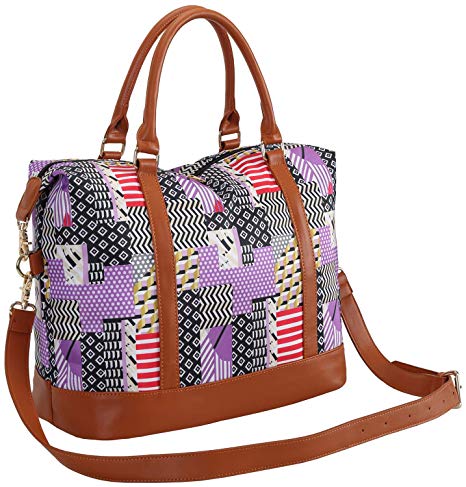 Women Ladies Weekender Bag Overnight Carry-on Tote Duffel in Trolley Handle (Purple Blocks)