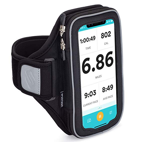 Sporteer Velocity V6 Running Armband - Compatible with iPhone 11, XR, 11 Pro, Xs, 8, 7, Galaxy Note 10, Galaxy S10, S10e, S9, S8, Pixel 3, 3a, LG, Moto and More - Fits Most Cases (Medium/Large)