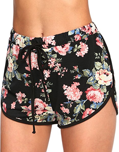 Romwe Women's Casual Summer Floral Shorts Drawstring Waist Yoga Workout Shorts