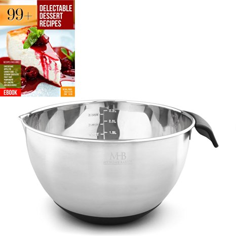 Stainless Steel Mixing Bowl 2.5QT for Kitchen, Cooking and Baking. Non-Skid, Black Handle and Spout, Free Ebook