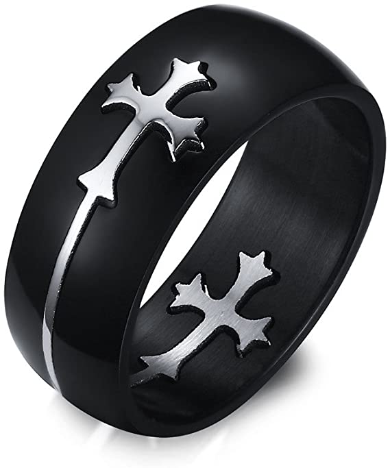 VNOX Mens Womens Stainless Steel Cross Ring for Christian Baptism,Black Base,Removable,8mm,Size 10