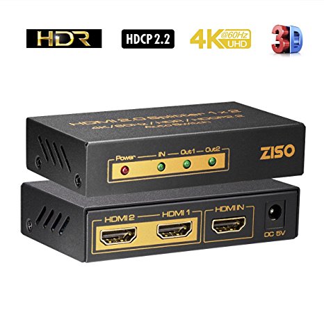ZISO 4K HDMI 2.0 Splitter 1 In 2 Out 4K 60Hz 4:4:4 HDR HDPC2.2 with bandwidth up to 18Gbps（HD-SP2A）