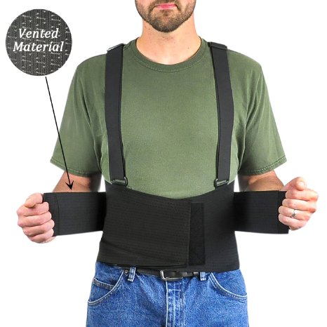 Ventilated Elastic Back Brace Lumbar Support, With Adjustable Suspenders And Over Lapping Belt For Lower Back Compression, Made With High Quality Non-Moisture Breathable Material To Keep You Cool!