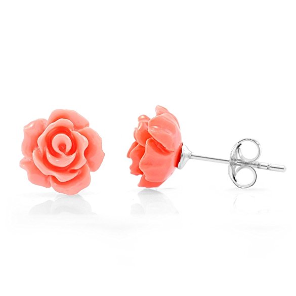 925 Sterling Silver Tiny Resin Rose Flower 9 mm Post Stud Earrings