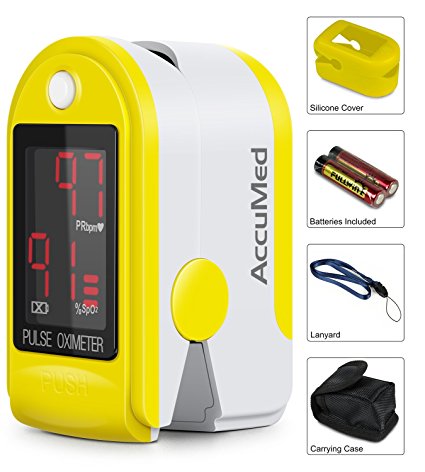 AccuMed® CMS-50DL Pulse Oximeter Finger Pulse Blood Oxygen SpO2 Monitor w/ Carrying case, Landyard Silicon Case & Battery (Yellow)