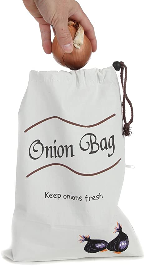 Home-X Drawstring Vegetable Bag, Designed to Keep Onions Fresh for Longer, White (Holds 10lbs)