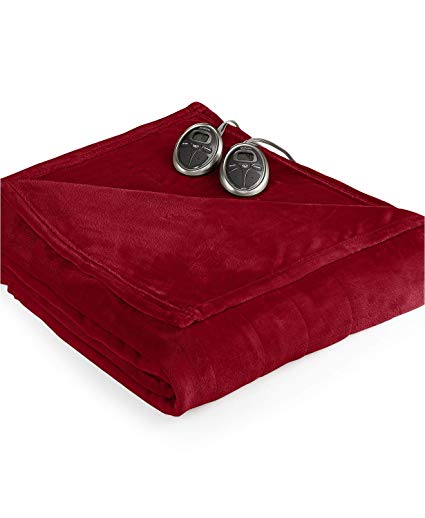 Sunbeam Queen Electric Heated Blanket Luxurious Velvet Plush with 2 Digital Controllers with 20 Heat Settings and Auto-Off Feature 5 Year Warranty, Red (Ruby Red)