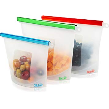 Reusable Silicone Food Bag - Set of 3 - LARGE SIZE 50 OZ - Airtight Zip Seal Bags Keep Your Food Fresh. Bag For Cooking, Sous Vide, Snack, Freezer and Reusable Lunch Bags (50 30 OZ, Clear)