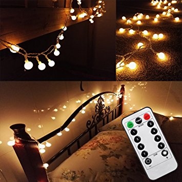 [Updated Version] Bedroom Wedding 16 Feet 50leds LED Globe String Lights Battery Powered with Remote Timer Outdoor/Indoor Ambient Lighting for Garden, Party, Patio, Living Room (Warm White, Dimmable)