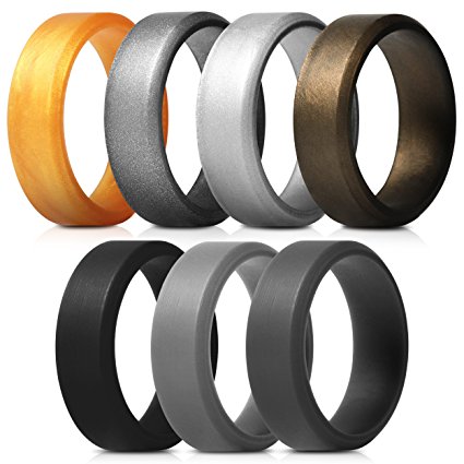 Saco Band Men's Silicone Rings Polished Aspect with Angled Design - 7 Pack Rubber Wedding Bands