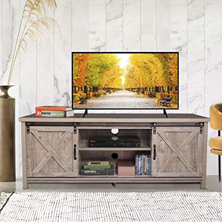 JAXPETY Wooden Farmhouse Style 58 Inch TV Stand w/Storage Shelves, Entertainment Center and Sliding Wood Barn Doors, Television Stands Cabinet Console for Living Room Bedroom, Rustic Gray