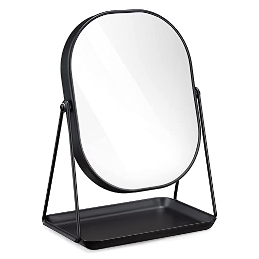 Navaris Vanity Mirror with Tray - Table Top Mirror with Metal Stand and Storage - 7" x 9" Mirror Size - For Makeup, Tabletop, Desk - Black Finish