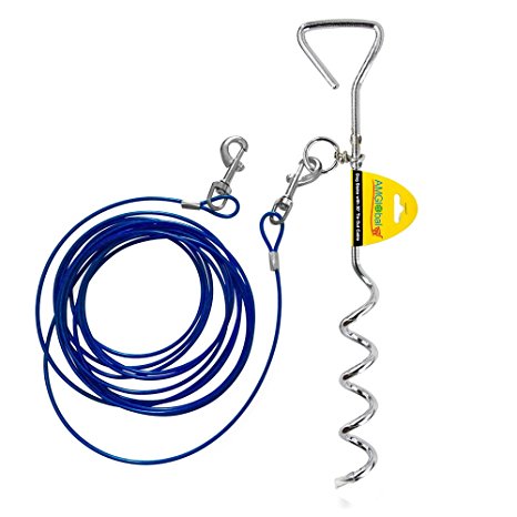 Dog Tie Out Cable, AMGlobal Dog Tie Out Carbon Steel Stake, and 16 ft Complete Leash and Tether Spiral Tie-Out Up to 60 Pound for Outdoor, Yard and Camping - Small to Medium Dogs