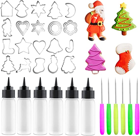 Artcome 40Pcs Christmas Cookie Decorating Tool Set, 28Pcs Cookie Cutters, 6Pcs Easy Squeeze Write Bottles and 6Pcs Sugar Stir Needles, Cookie Decorating Supplies Kit For DIY Cookies and Cakes