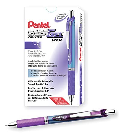 Pentel EnerGel Deluxe RTX Retractable Liquid Gel Pen, Medium Line, Needle Tip, Violet Ink, Box of 12 (BLN77-V)