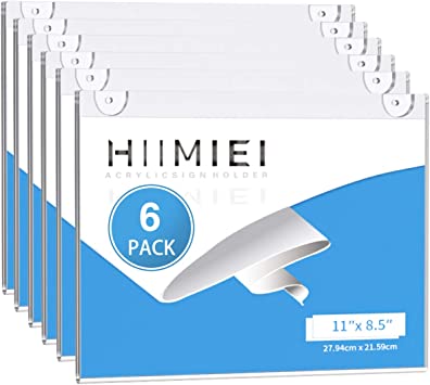 HIIMIEI Acrylic Wall Mount Sign Holder 8.5 x 11 Inches Horizontal 6 Pack , Clear Paper Document Holder, Wall Mount Ad Frame with 3m Tape Adhesives & Screws