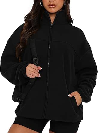 BTFBM Women's Zip Up Fleece Jackets Stand Collar 2024 Fall Winter Outerwear Casual Fuzzy Coats with Pockets