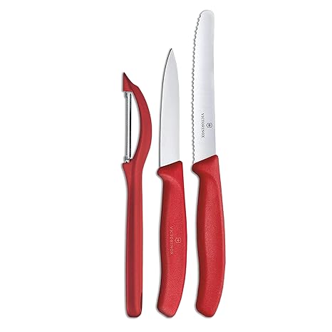 Victorinox Stainless Steel Kitchen Knife Set of 3, Swiss Classic" - 11 cm Serrated/Wavy Edge, 8 cm Straight Edge and a Universal Peeler for Professional and Household Kitchen, Red, Swiss Made