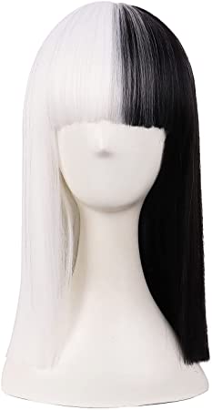 MapofBeauty 15 Inch/38 cm Short Synthetic Straight Half Black Half White BoB Flat Bangs Cosplay Wig (Black and White)