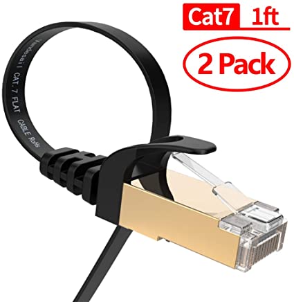 Cat7 Ethernet Cable 1 ft, VANDESAIL CAT 7 2 Pack Internet Network Cable, Flat LAN Cables with RJ45 Connector for Router, Modem, Gaming, Xbox (1ft, Black - 2Pack)