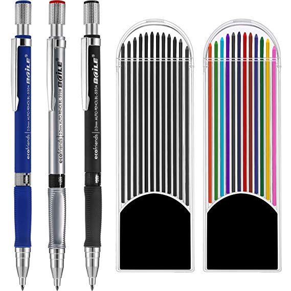 3 Pieces 2.0 mm Mechanical Pencil with 2 Cases Lead Refills, Color and Black Refills for Draft Drawing, Writing, Crafting, Art Sketching