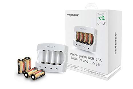Arlo Certified: Tenergy 3.7V Arlo Battery Fast Charger and 650mAh RCR123A Li-ion Rechargeable Batteries for Arlo Wireless Security Cameras (VMC3030/3200/3330/3430/3530), UL UN Certified, 4-Pack