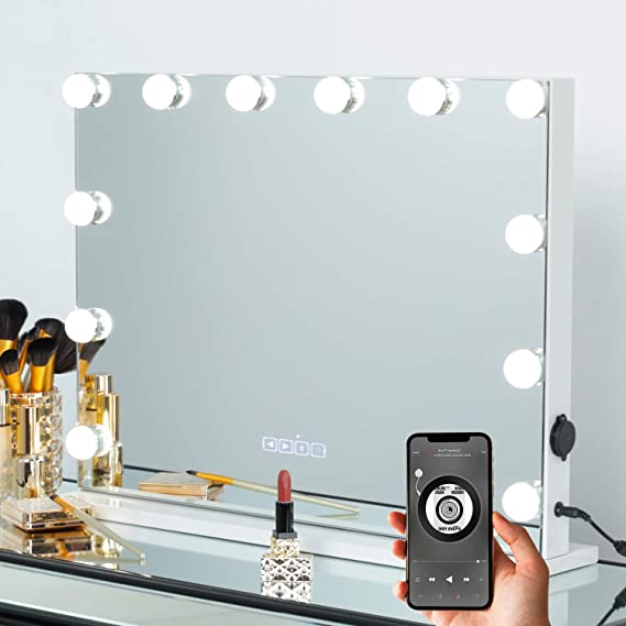 SHOWTIMEZ Lighted Vanity Mirror with Speaker, Hollywood Tabletop Mirror&Wall Mounted Beauty Mirror with 12 Dimmable LED Bulbs, W22.8xH17.5in.