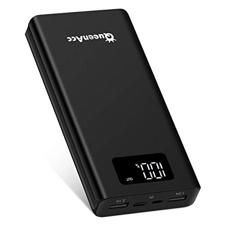 QueenAcc 20000mAh Portable Charger Ultra High Capacity Power Bank External Battery Universal Phone Charger with Dual USB Output and Input Ports(Type C and Micro USB) Black