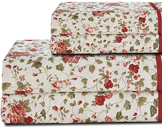 Bedlifes Floral Sheet Set King Size Plaid Rose Sheets Deep Pocket Bed Sheets Flat Sheet& Fitted Sheet& Pillowcases 100% Microfiber 4PCS Flowers Patterned King