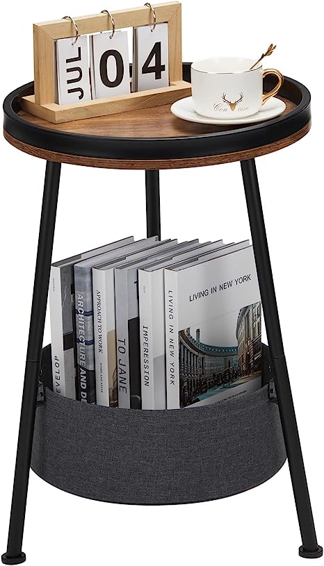 LEMONDA Industrial Round End Table, 2 Tier Round Side Table with Storage Basket,Round Metal Sofa Side Table,Small Round Nightstand,Small Coffee Table for Living Room Bedroom Study Room Kitchen Balcony