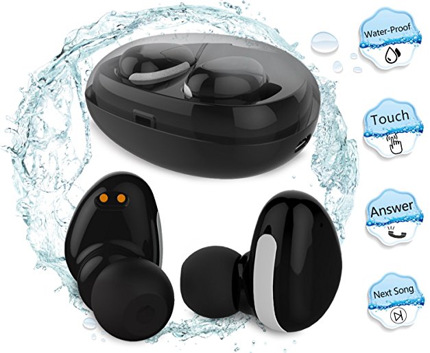 True Wireless Bluetooth touch Headphones,MorePro Waterproof Mini Hifi Stereo Earbuds Sport Headset In-Ear with Mic & Car Earpiece with Charging Box for Smartphone /iOS/ Android/BlackBerry(black)