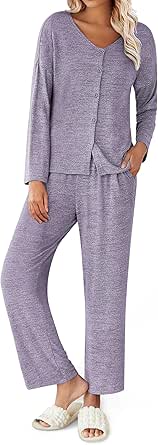 Ekouaer Womens Pajama Sets Button Up Long Sleeve Pjs Ribbed Knit Soft Lounge Set 2 Piece Sleepwear with Pockets