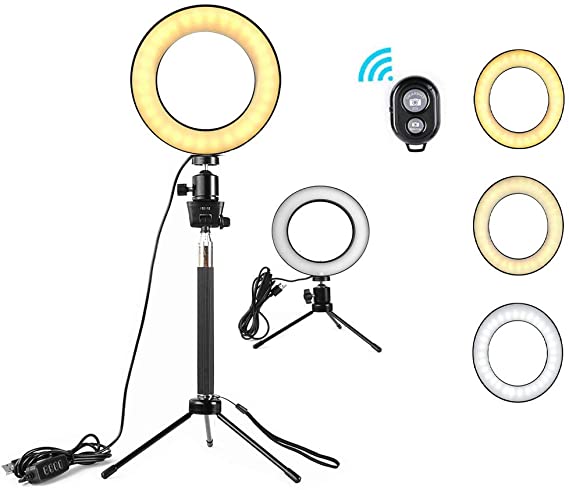 KEYUTE 6" Selfie Ring Light,Desktop Dimmable Camera LED Ring Light with Adjustable Tripod Stand and Bluetooth Remote for Makeup YouTube Video Photography