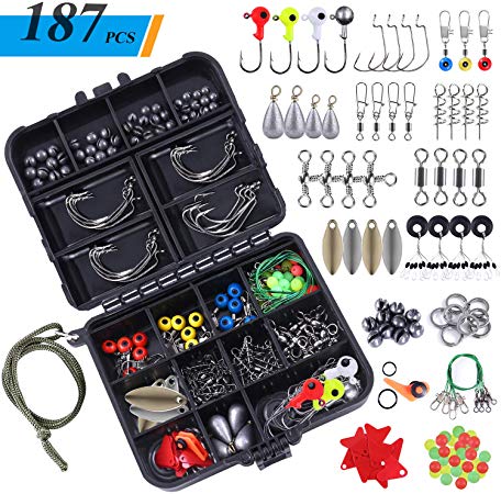 TOPFORT 187/230pcs Fishing Accessories Kit, Including Jig Hooks, Bullet Bass Casting Sinker Weights, Different Fishing Swivels Snaps, Sinker Slides, Fishing Line Beads, Fishing Set with Tackle Box…