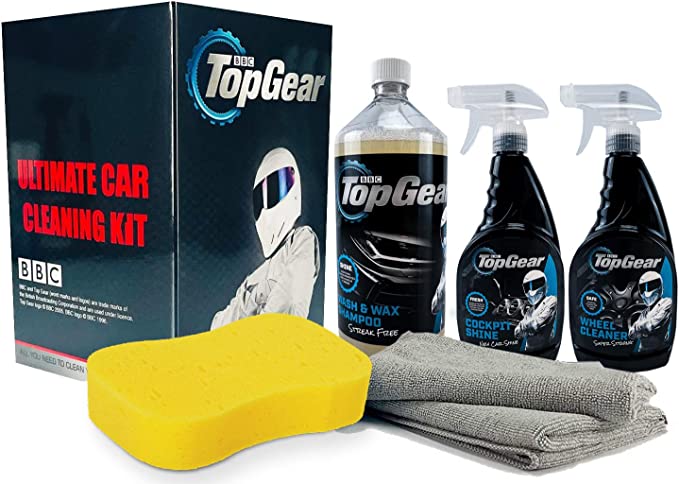Top Gear - Ultimate Car Cleaning Set - Includes Wash And Wax Shampoo, Wheel Cleaner & Cockpit Shine - Jumbo Sponge And Microfibre Cloths - Gift Boxed