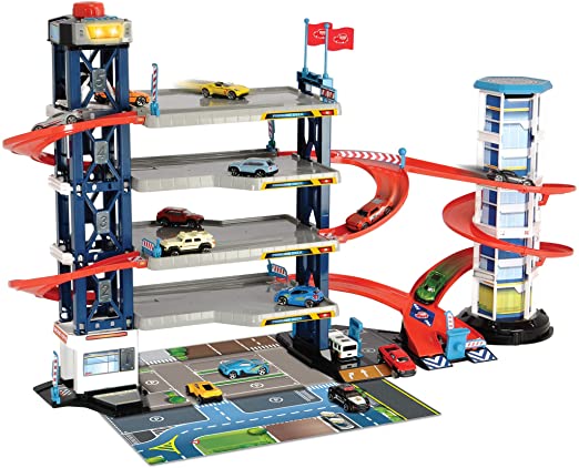 Dickie Toys - Parking Garage Playset With 4 Die-Cast Cars And Die-Cast Helicopter