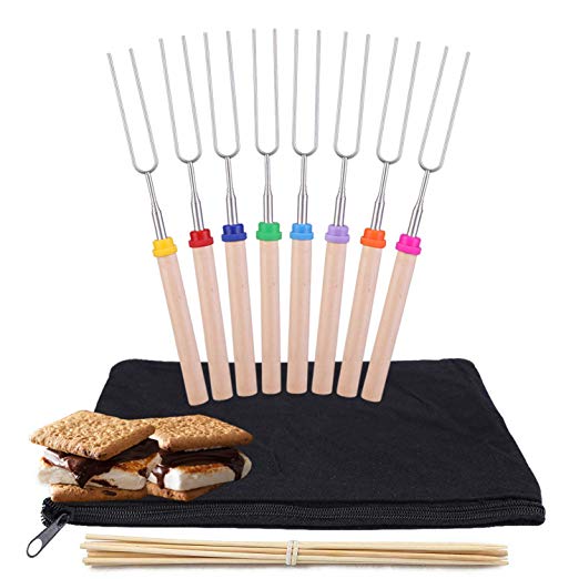 kubo Telescoping Marshmallow Roasting Sticks Set of 8 Hot Dog Forks&Smores Skewers Camping Cookware 32 Inch Campfire Roasting Sticks for Kids