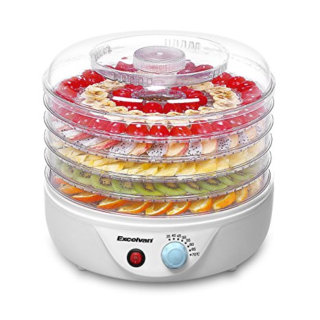 Excelvan 5 Tier Electric Food Fruit Dehydrator, Food Preserver with Adjustable Temperature Control, Nutural, Healthy, 240W, White