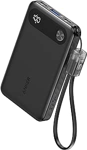 Anker Power Bank, 10,000mAh Portable Charger with Built-in USB-C Cable and Lanyard, 22.5W Max Output with 2 USB-C and 1 USB-A Port, Battery Pack for iPhone 15/14, Galaxy S23, iPad, AirPods, and More