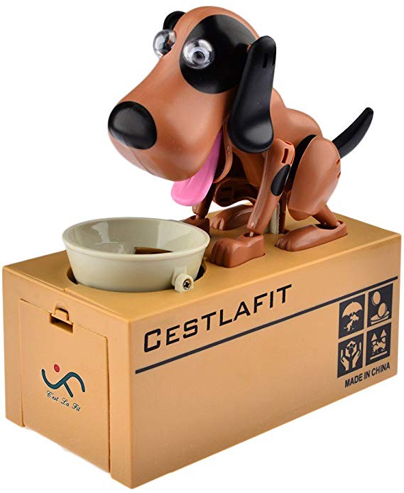 Cestlafit Cute Puppy Hungry Eating Dog Coin Bank, Doggy Coin Bank, Dog Piggy Bank, Coin Munching Toy Money Box, Brown