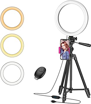 10" Ring Light with 50" Tripod Stand and Phone Holder for Live Stream/Makeup, Desktop LED Camera Beauty Ringlight for YouTube Video Recording Compatible with iPhone 11 Xs Max XR Android(2020 Version)