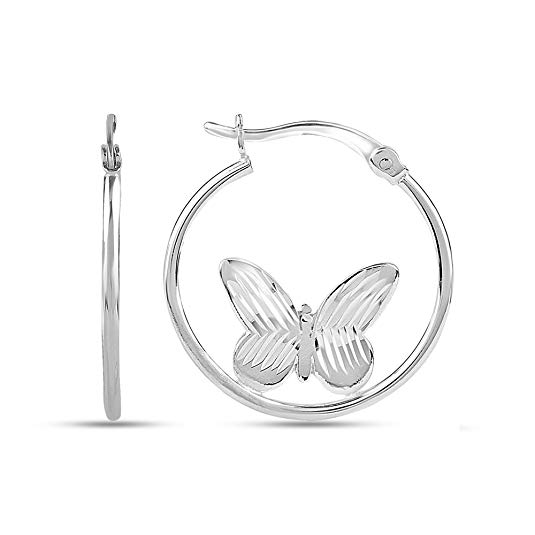 LeCalla Sterling Silver Jewelry Inspirational Heart Key Tree Clover Butterfly Hoop Earrings for Women Girl