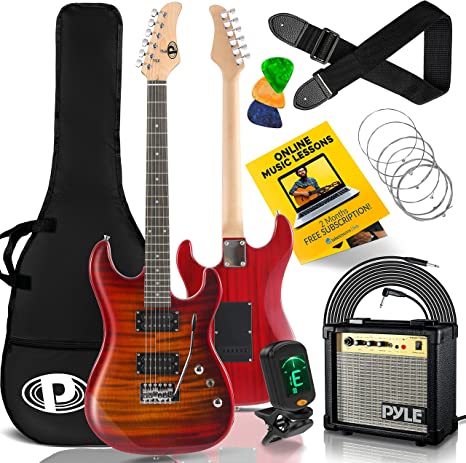 Pyle Electric Guitar and Amp Kit - Full Size Instrument w/Humbucker Pickups Bundle Beginner Starter Package Includes Amplifier, Case, Strap, Tuner, Pick, Strings, Cable, Tremolo - (Red)