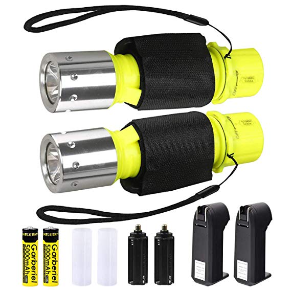HeCloud 2 Pack LED XM-T6 Professional Diving Flashlight with Battery Charger, Bright LED Submarine Light Scuba Safety Lights Waterproof Underwater Torch for Outdoor Under Water Sports (Yellow)