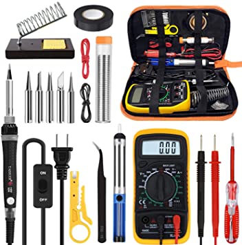 Soldering Iron Kit Welding Tool, Soldering Kit with LCD Digital Multimeter, 60W Soldering Iron with 5 Extra Tips, Stand, Desoldering Pump, Solder, Wire Stripper Cutter, Tweezers, Tape, Tool Bag
