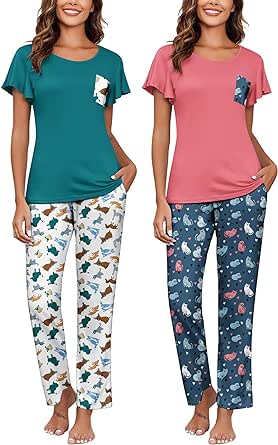 Ekouaer 2 Pack Womens Pajama Sets Short Sleeve with Long Pajama Pant Set Soft Sleepwear Printed Pj Lounge Sets with Pockets