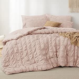 Bedsure Bed in a Bag Queen - Queen Comforter Set 7 Pieces Plaid Seersucker Bedding Set, Soft Lightweight Down Alternative Comforter, Queen Bed Set (Rose Dust, Queen)