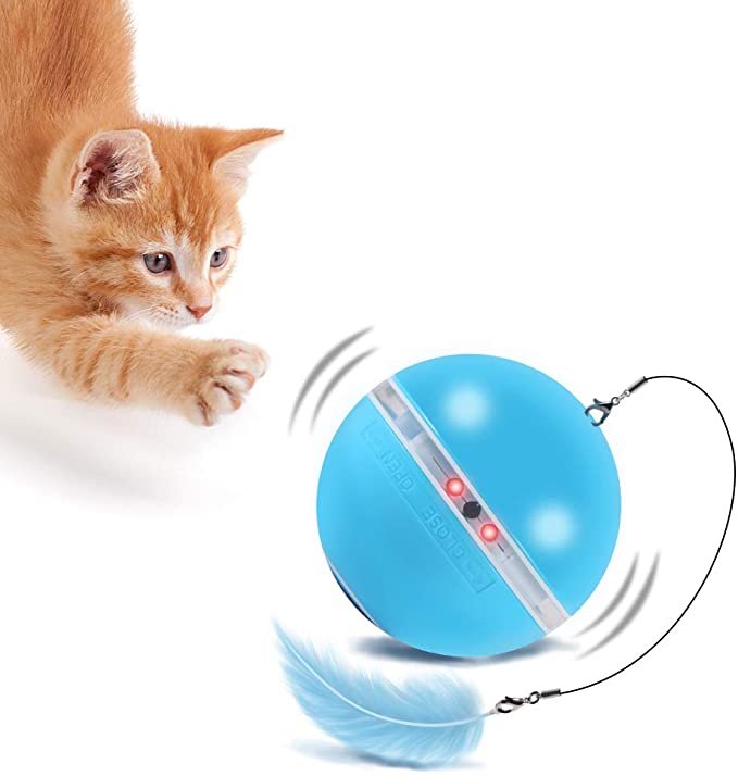 TekHome Interactive Cat Toy, Cat Toys for Indoor Cats,Rechargeable Pet Toys Ball Attached Feather and Bell,Built in Catnip,Colorful Lights,Gifts for Kitten Owner.