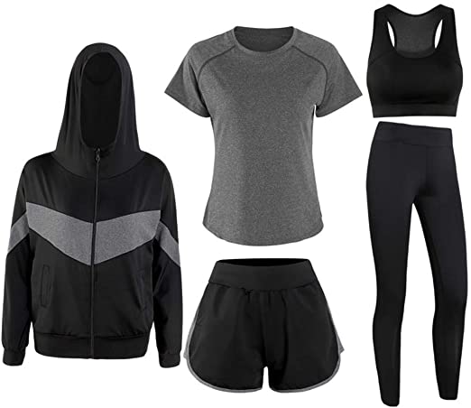 Mallimoda Women's 5pcs Sport Suits Yoga Athletic Clothing Set Jogging Tracksuits